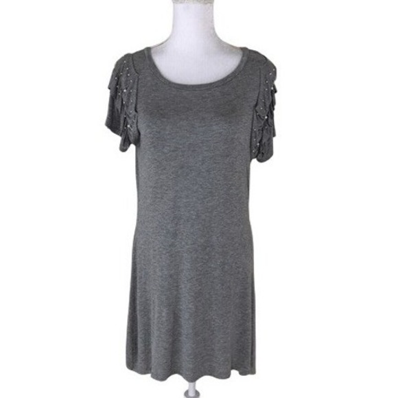 Alya Dresses & Skirts - Alya Francesca's Grey Short Sleeve T-Shirt Dress Pearl‎ Ruffle Detail Size Small